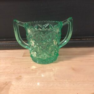 Vintage Green Depression Glass Diamond Cut Dbl Handled Sugar Bowl